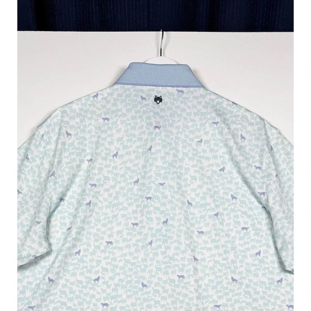 Greyson Mens Large Light Blue White Wolf Pattern Golf Polo Friar's Head New York